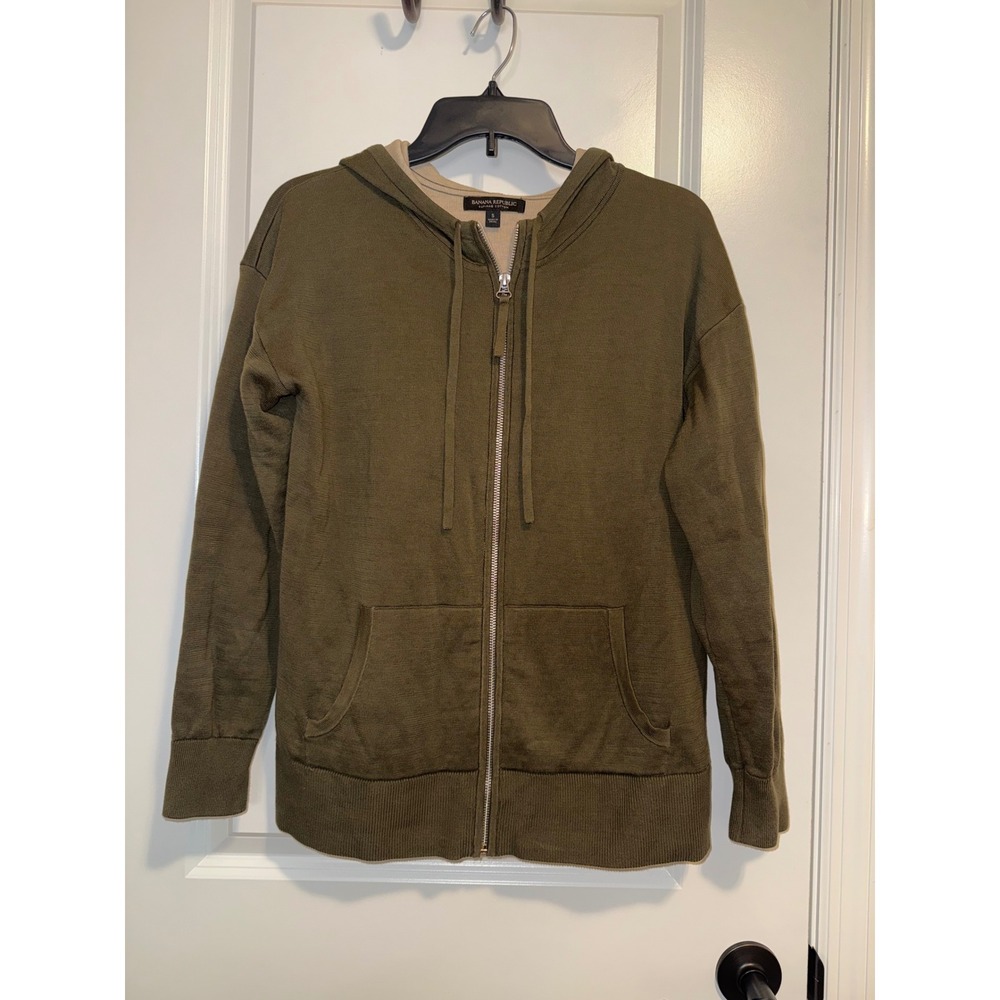 Banana Republic Hoodie Women S Olive Green Tan Supima Cotton Zip Up Sweater - Picture 1 of 6